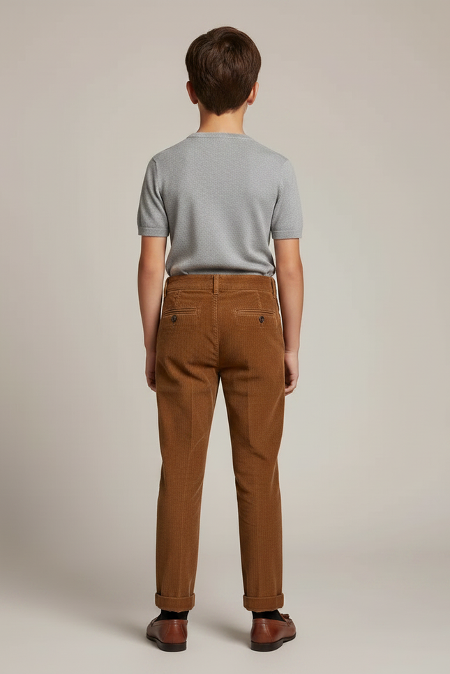 Pantalon Chino Marron Côtelé Plissé Enfant Décontracté - Cordé - vue 2