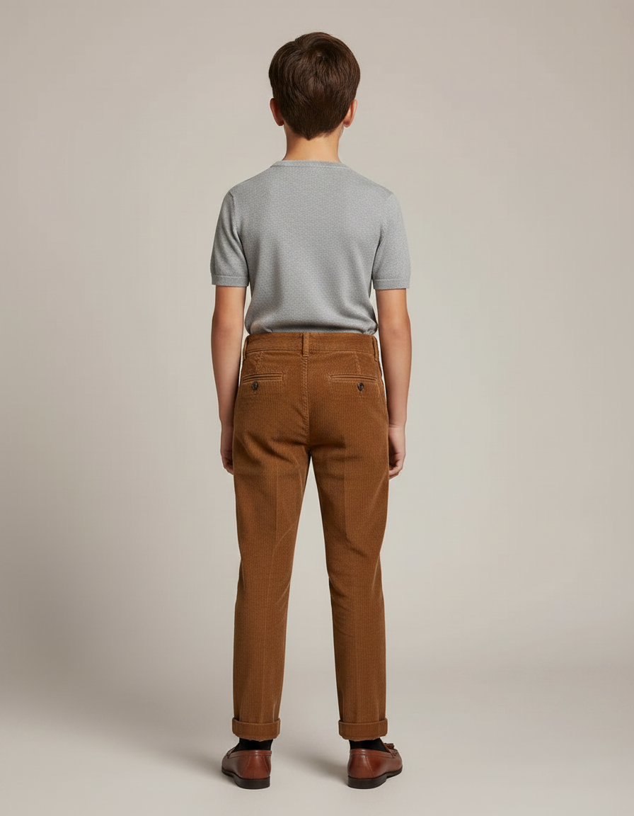 Pantalon Chino Marron Côtelé Plissé Enfant Décontracté - Cordé - vue 2