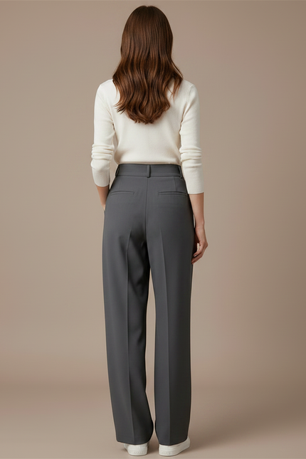 Pantalon Chino Gris Ample Plissé Taille Haute Élégant - Gabardine - vue 2