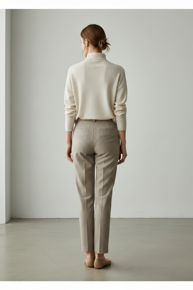Pantalon Chino Beige Droit Élégant Plissé Femme - Tweed - vue 2
