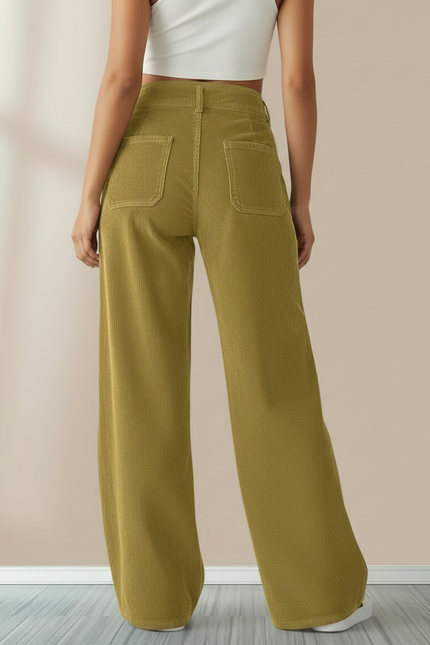 Pantalon Chino Velours Côtelé Vert Ample Taille Haute Femme - Kaki Cordé - vue 2