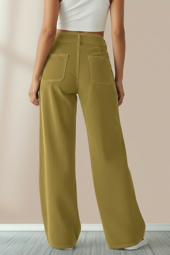 Pantalon Chino Velours Côtelé Vert Ample Taille Haute Femme - Kaki Cordé - vue 2