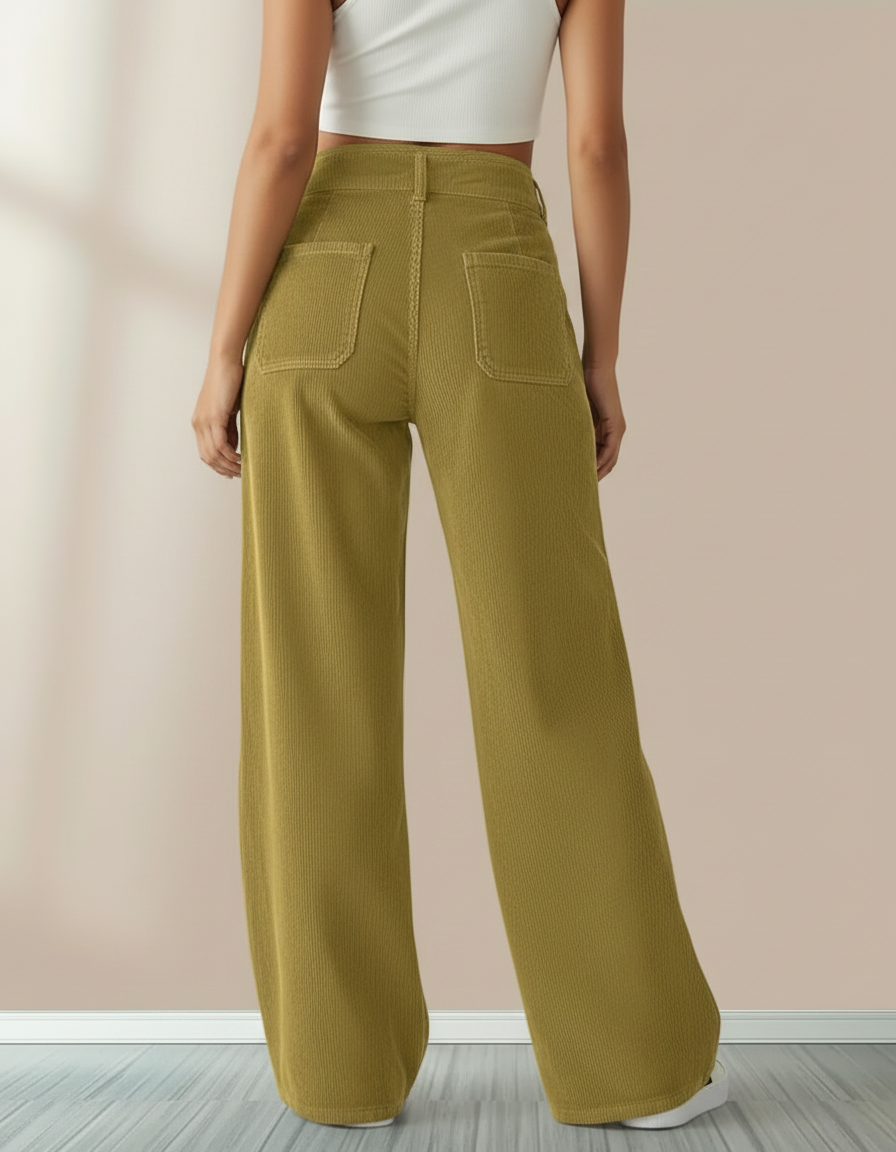 Pantalon Chino Velours Côtelé Vert Ample Taille Haute Femme - Kaki Cordé - vue 2