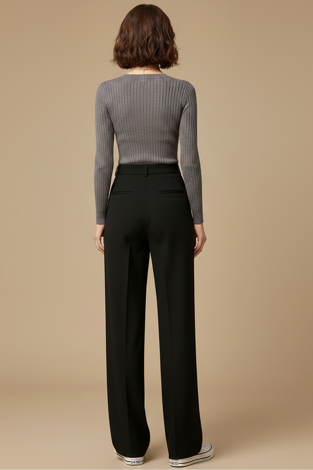 Pantalon Chino Noir Taille Haute Droit Élégant Femme - Polyester - vue 2