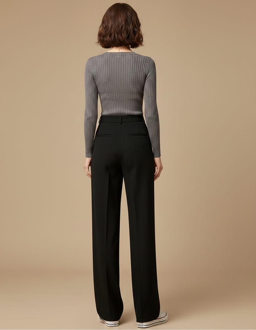Pantalon Chino Noir Taille Haute Droit Élégant Femme - Polyester - vue 2