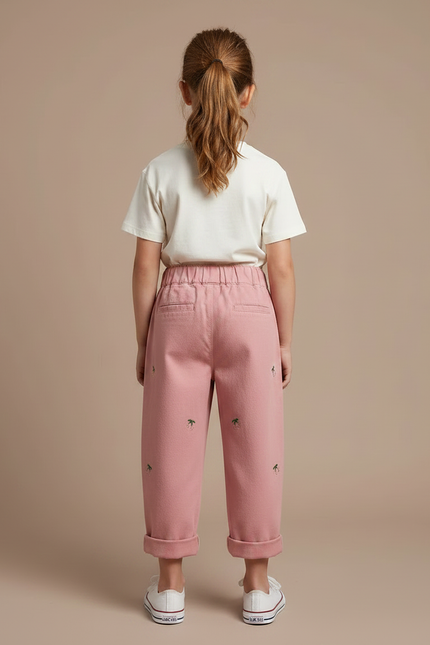 Pantalon Chino Rose Coton Ample Brodé Cerises Fille - Molleton - vue 2