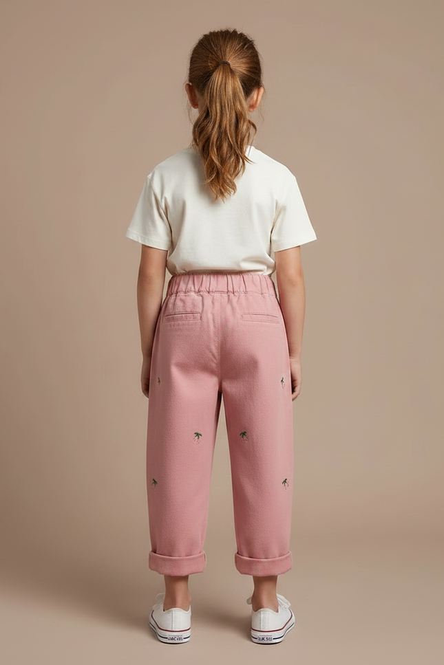 Pantalon Chino Rose Coton Ample Brodé Cerises Fille - Molleton - vue 2