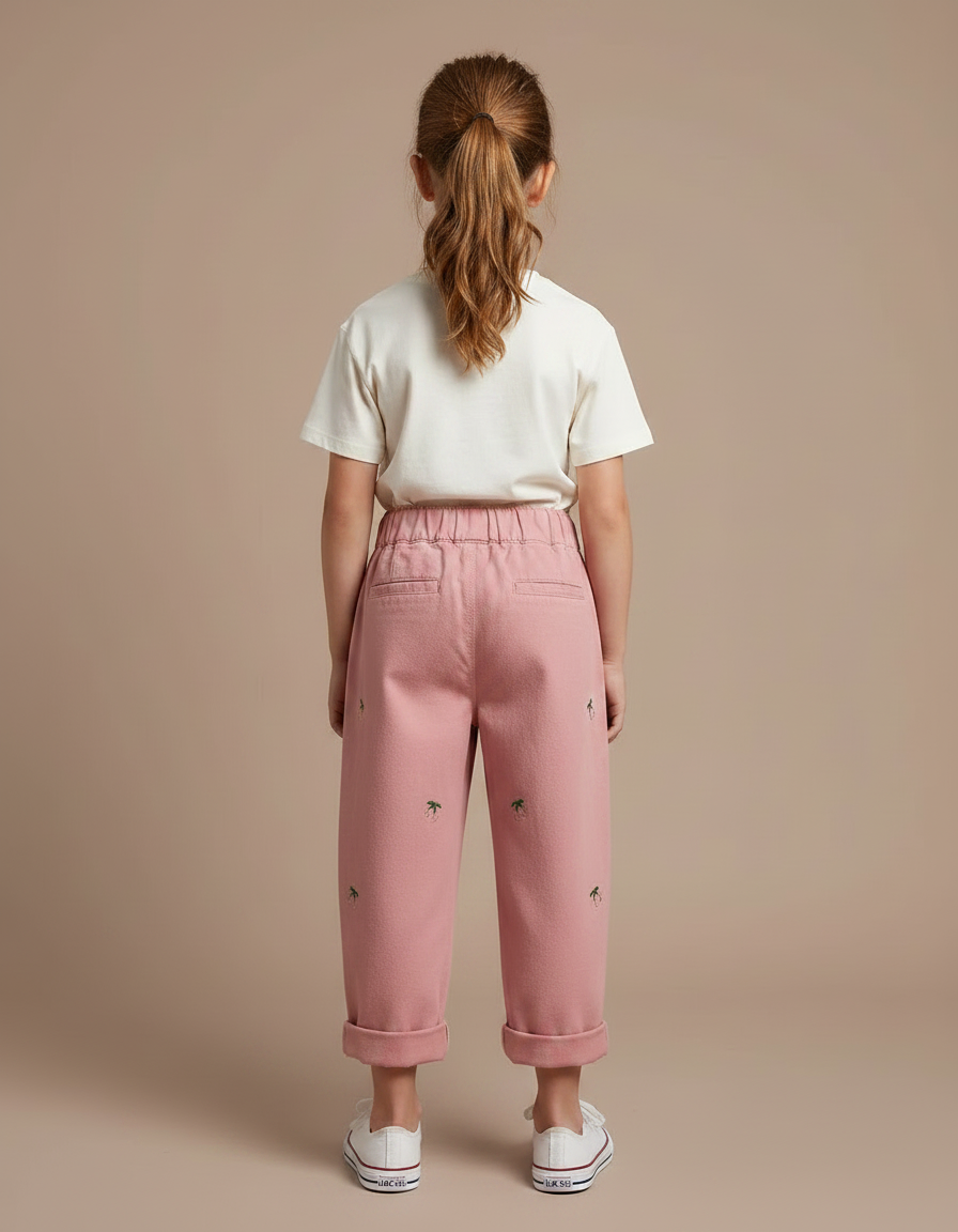 Pantalon Chino Rose Coton Ample Brodé Cerises Fille - Molleton - vue 2