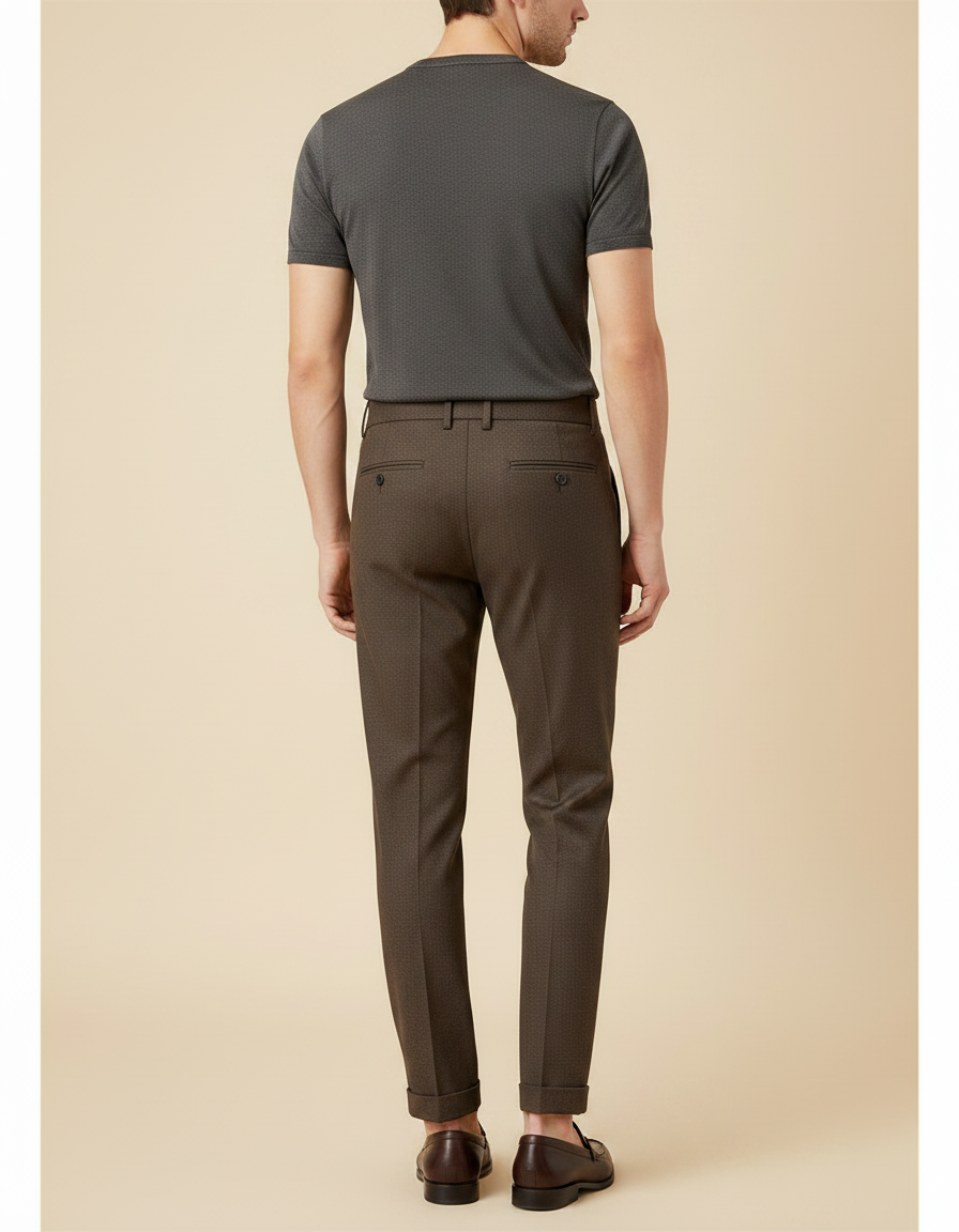 Pantalon Chino Marron Plissé Motif Slim Élégant - Laine - vue 2