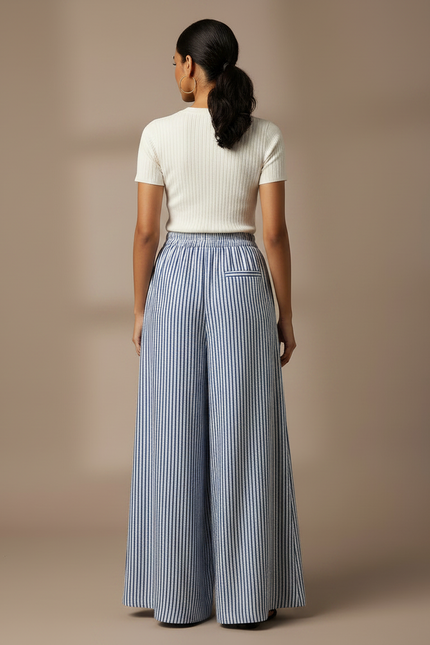 Pantalon Chino Rayé Ample Fluide Décontracté Femme - Multicolore Lin - vue 2