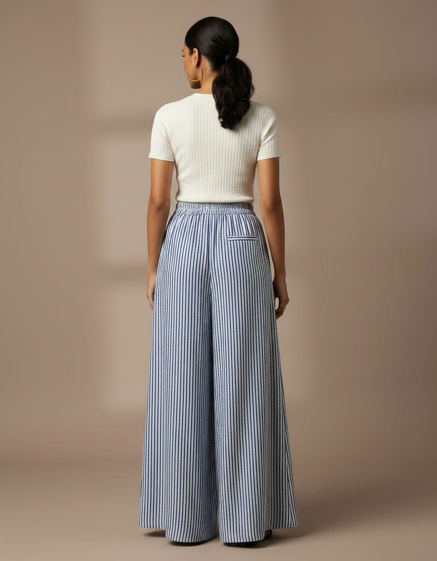 Pantalon Chino Rayé Ample Fluide Décontracté Femme - Multicolore Lin - vue 2
