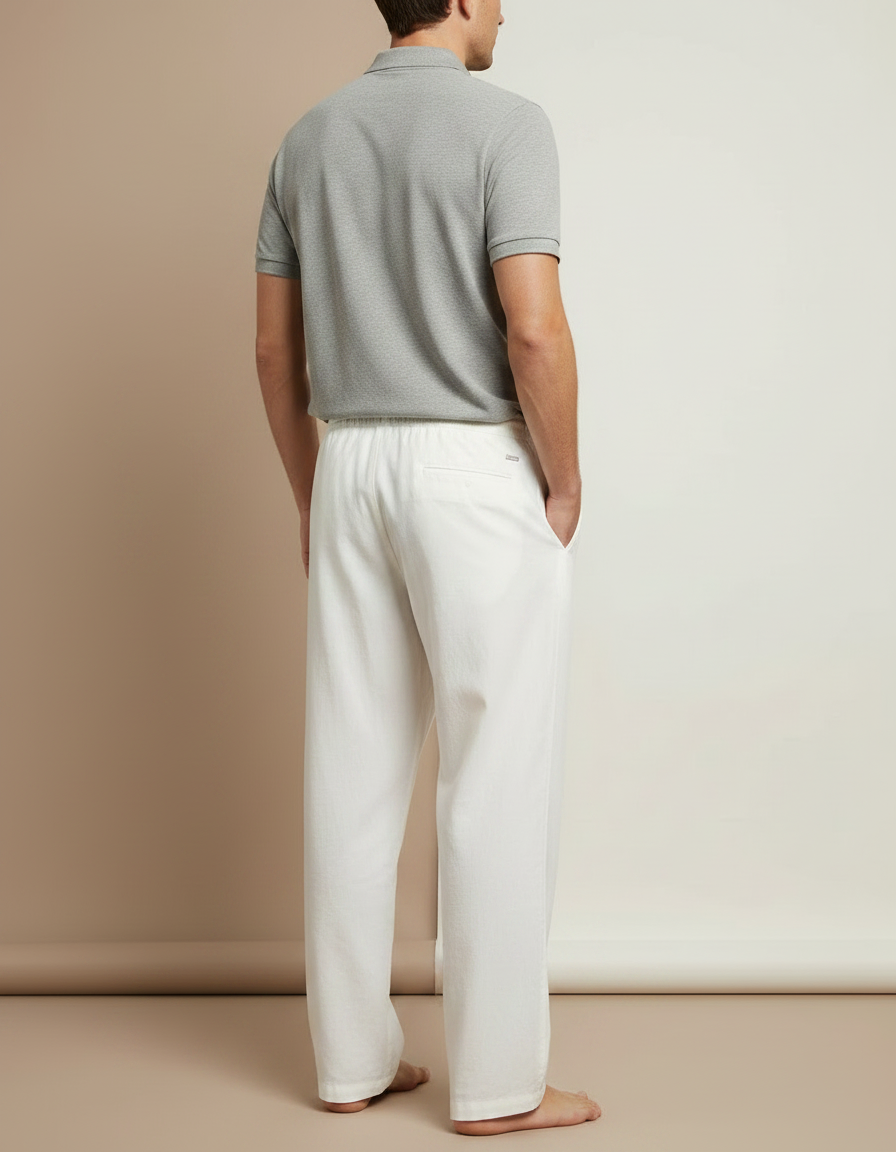 Pantalon Chino Blanc Lin Ample Cordon Homme - vue 2