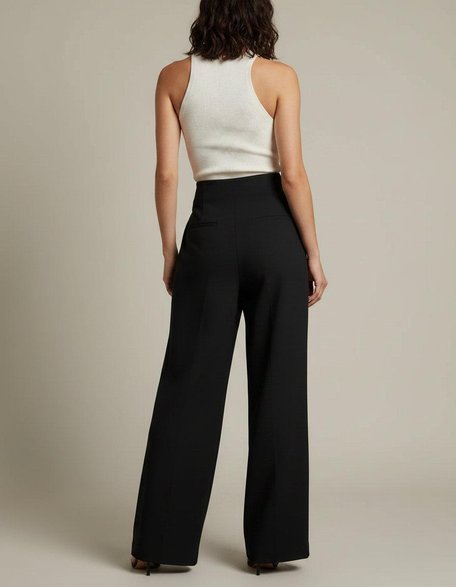 Pantalon Chino Noir Ample Fluide Élégant Femme - Polyester - vue 2