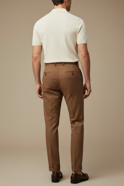 Pantalon Chino Marron Plissé Taille Haute Élégant Homme - Gabardine - vue 2