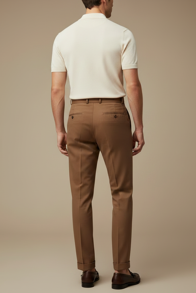 Pantalon Chino Marron Plissé Taille Haute Élégant Homme - Gabardine - vue 2