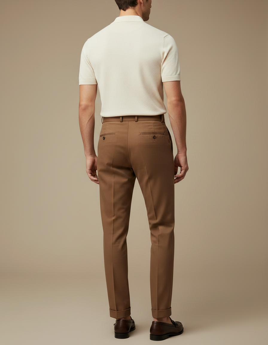 Pantalon Chino Marron Plissé Taille Haute Élégant Homme - Gabardine - vue 2