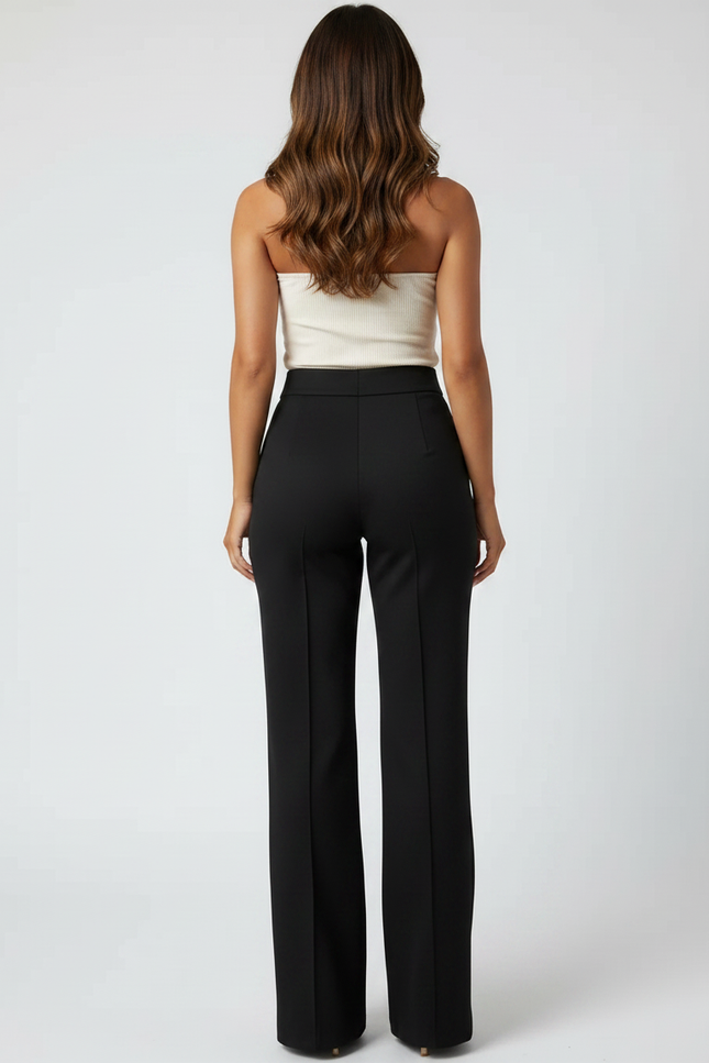 Pantalon Chino Noir Évasé Taille Haute Élégant Femme - Polyester - vue 2