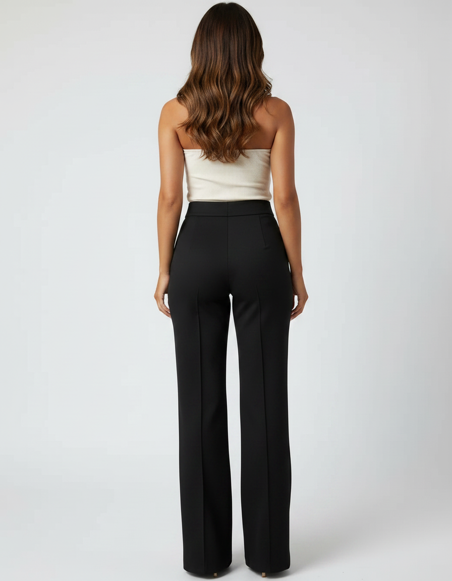 Pantalon Chino Noir Évasé Taille Haute Élégant Femme - Polyester - vue 2