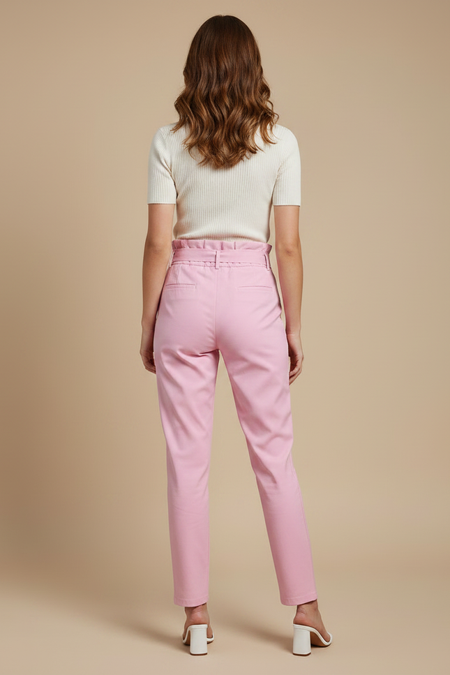 Pantalon Chino Rose Taille Haute Ceinturé Femme Élégant - Coton - vue 2