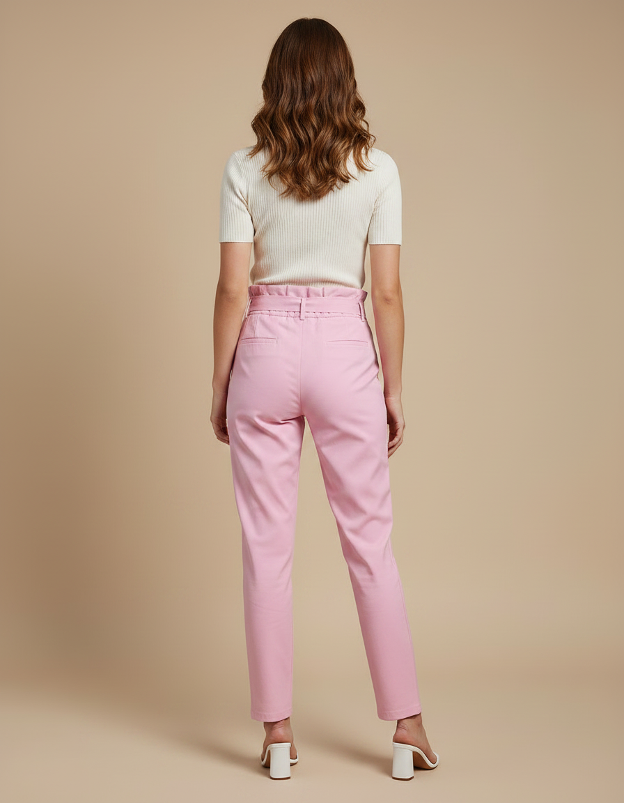 Pantalon Chino Rose Taille Haute Ceinturé Femme Élégant - Coton - vue 2
