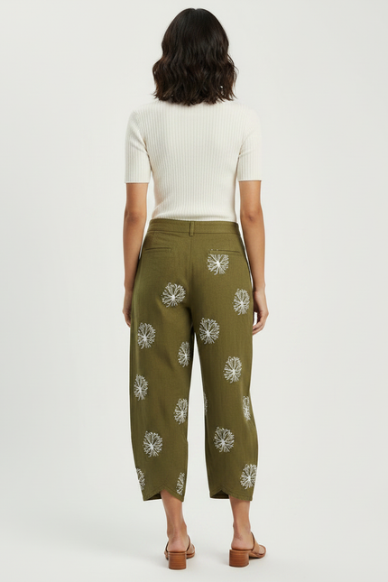 Pantalon Chino Vert Olive Brodé Ample Femme - Kaki Lin - vue 2