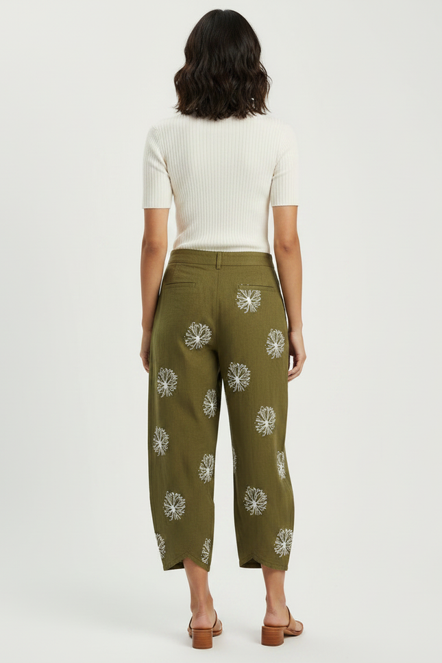 Pantalon Chino Vert Olive Brodé Ample Femme - Kaki Lin - vue 2