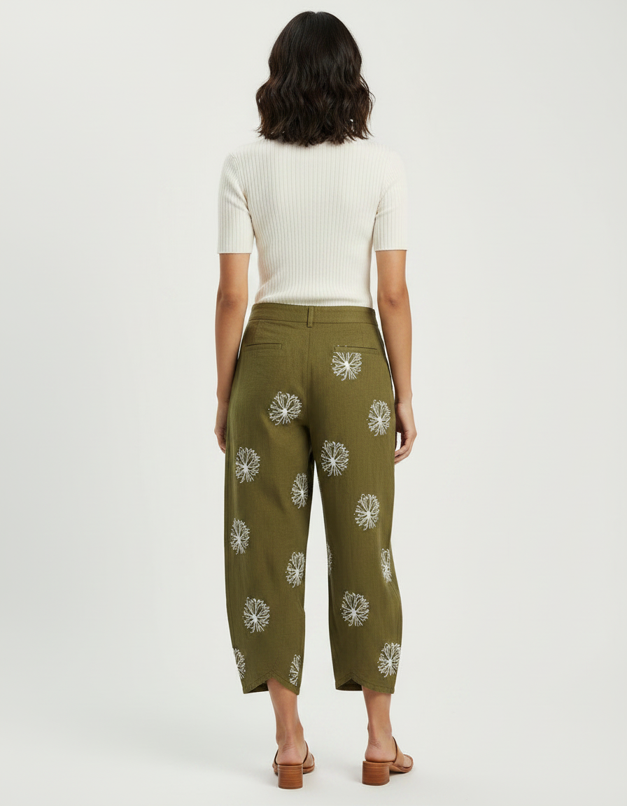 Pantalon Chino Vert Olive Brodé Ample Femme - Kaki Lin - vue 2