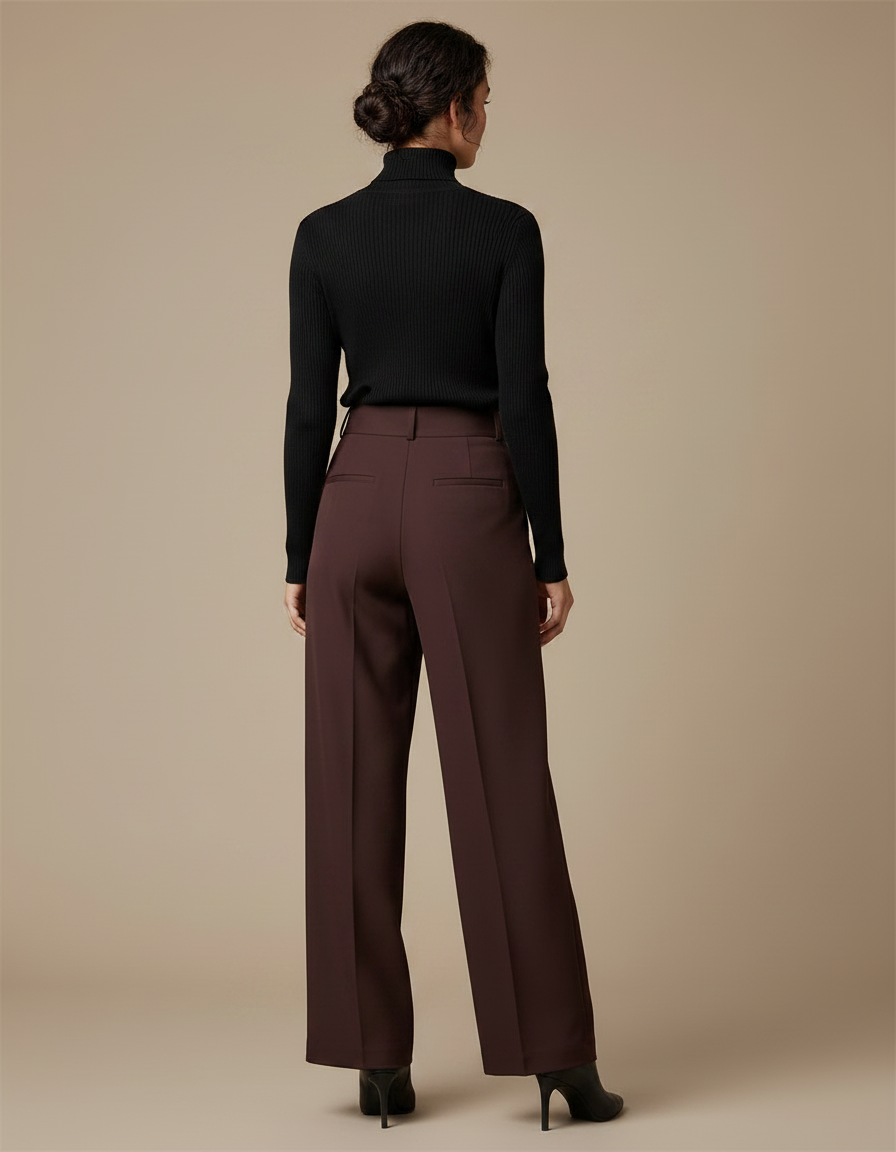 Pantalon Chino Marron Ample Plissé Taille Haute Femme - Gabardine - vue 2