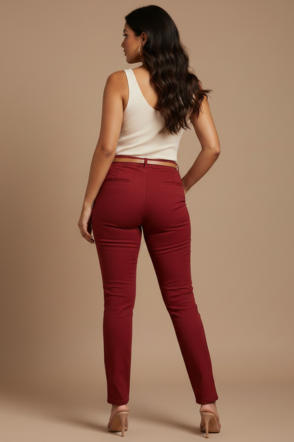 Pantalon Chino Femme Bordeaux Slim Confortable Élégant - Coton - vue 2