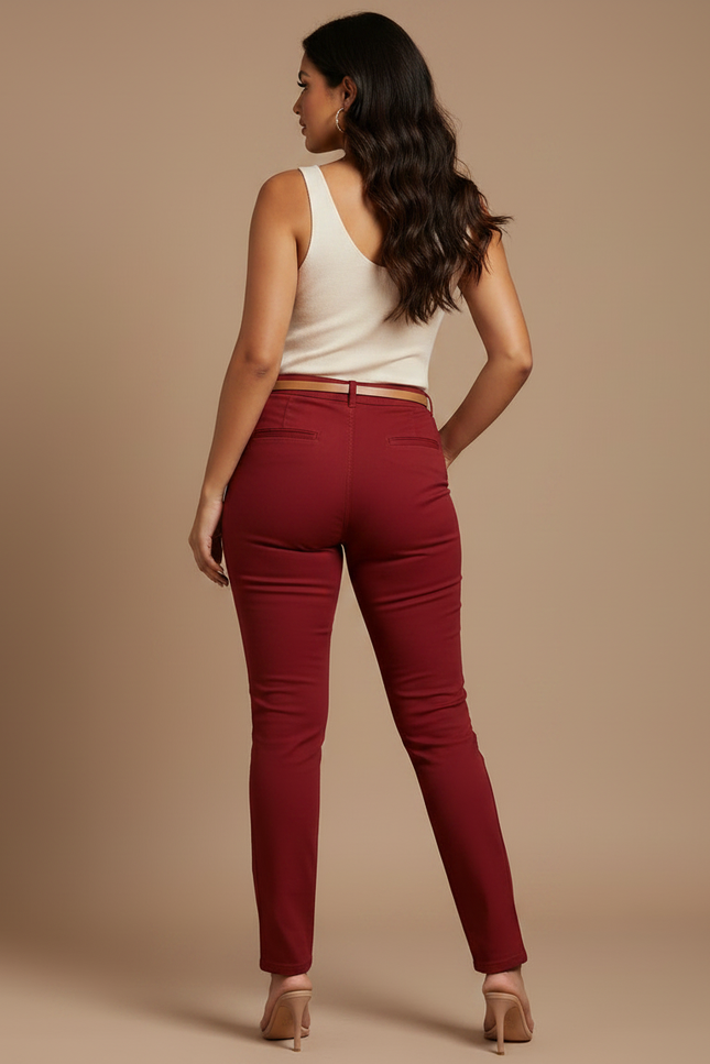 Pantalon Chino Femme Bordeaux Slim Confortable Élégant - Coton - vue 2