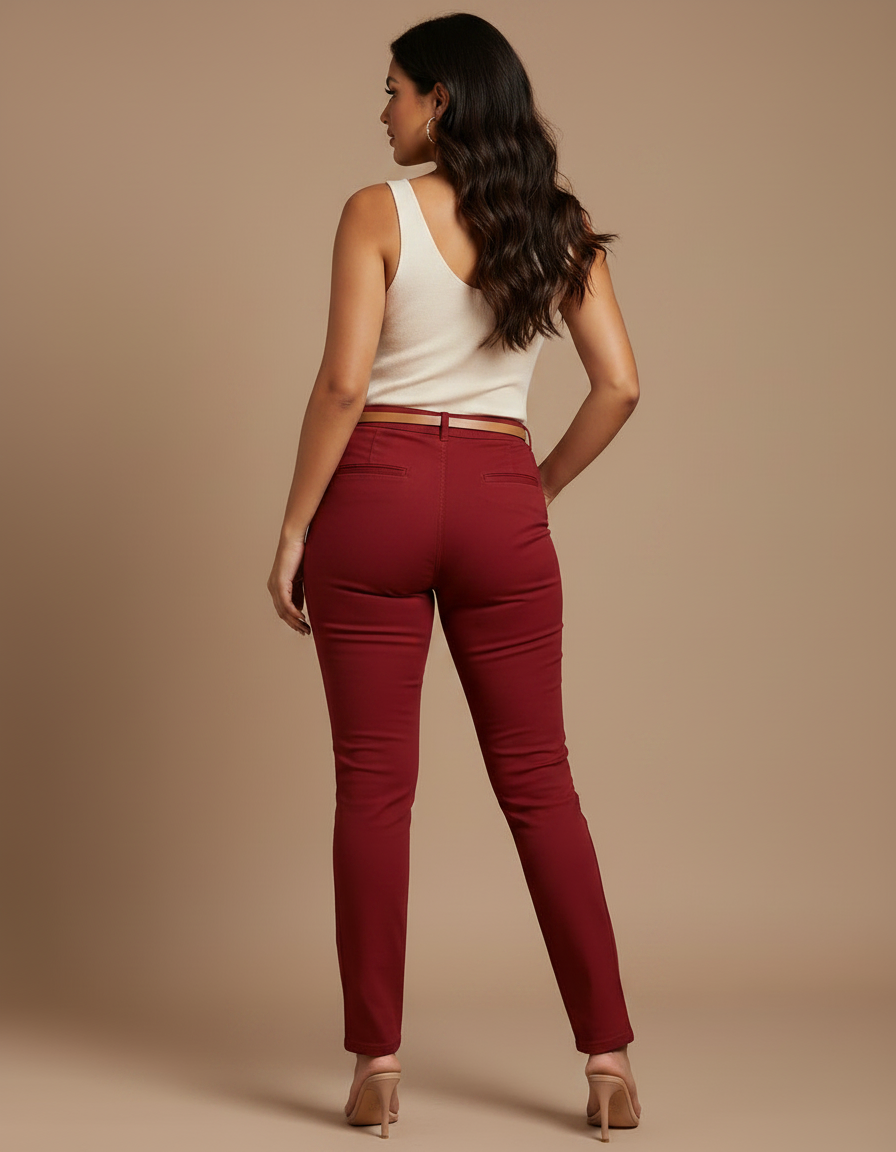 Pantalon Chino Femme Bordeaux Slim Confortable Élégant - Coton - vue 2