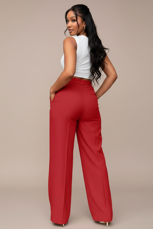 Pantalon Chino Rouge Taille Haute Droit Ample Élégant - Polyester - vue 2