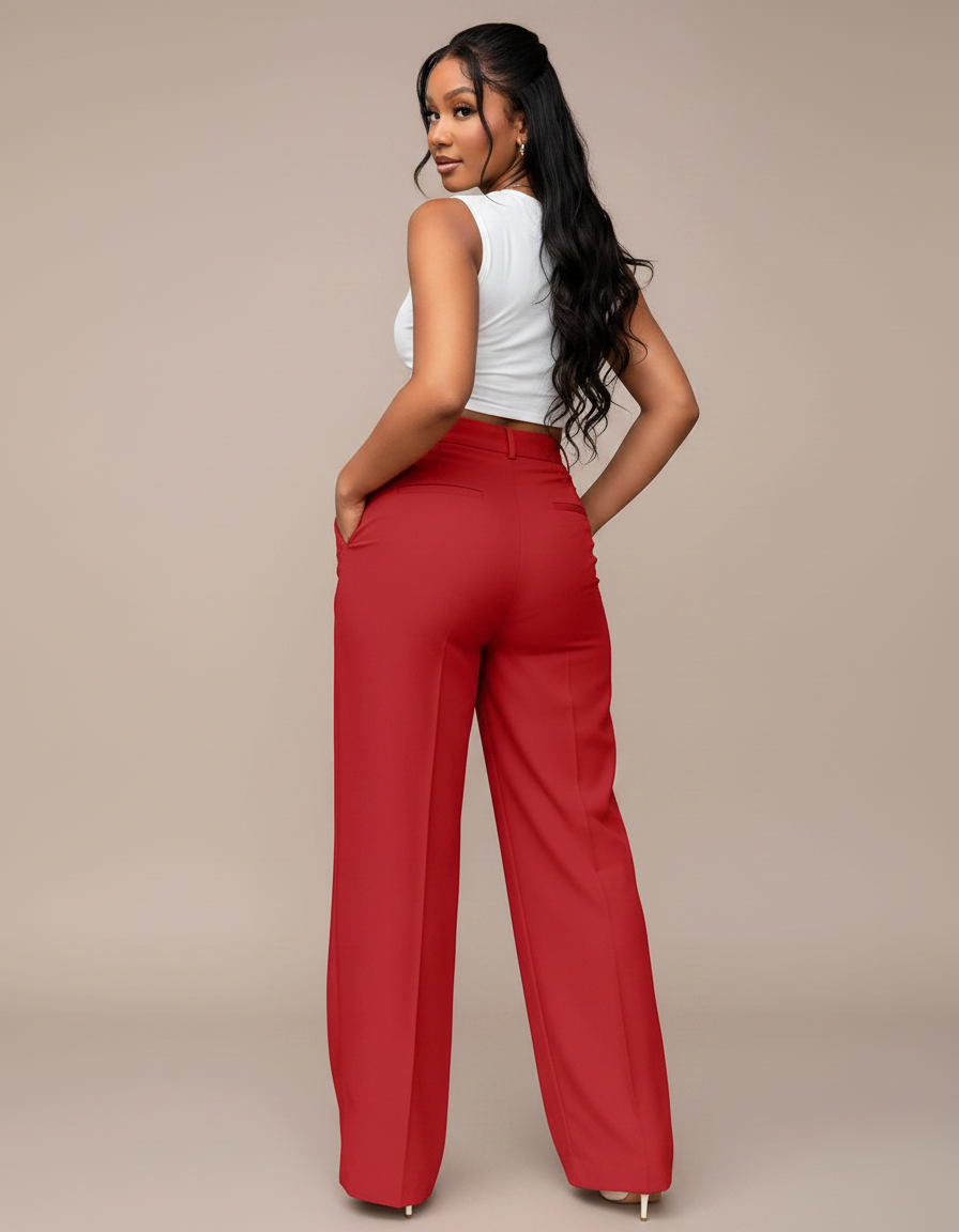 Pantalon Chino Rouge Taille Haute Droit Ample Élégant - Polyester - vue 2