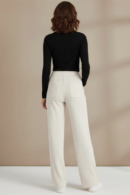 Pantalon Chino Écru Côtelé Ample Cordon Femme - Beige Cordé - vue 2