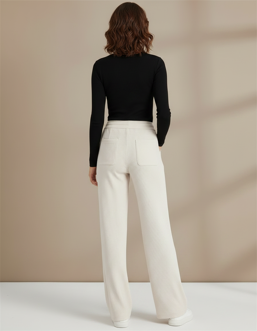 Pantalon Chino Écru Côtelé Ample Cordon Femme - Beige Cordé - vue 2