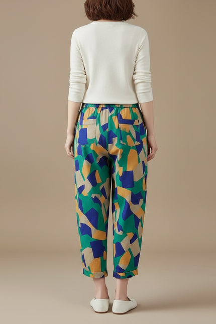 Pantalon Chino Lin Coton Ample Imprimé Géométrique Fluide - vue 2