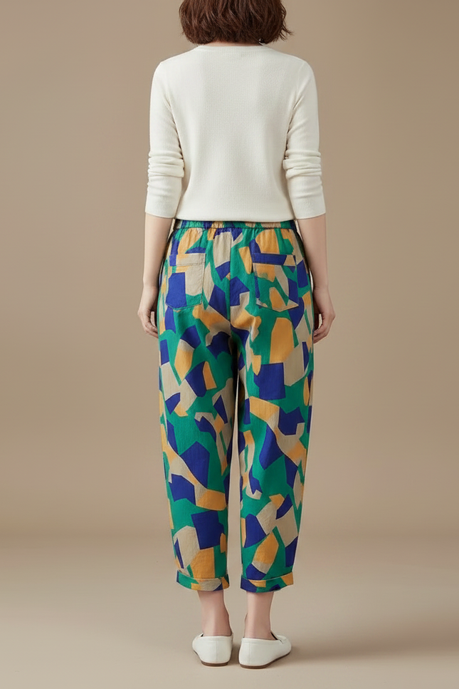 Pantalon Chino Lin Coton Ample Imprimé Géométrique Fluide - vue 2