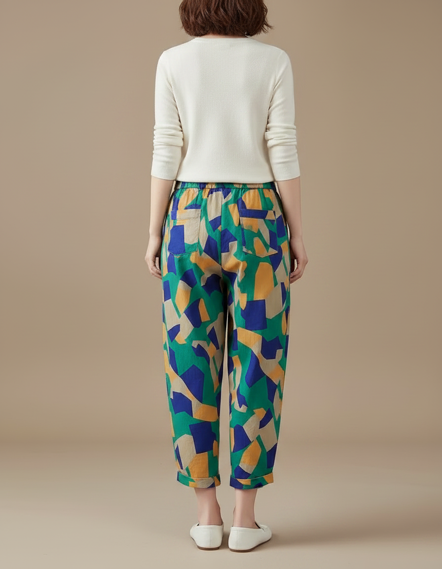 Pantalon Chino Lin Coton Ample Imprimé Géométrique Fluide - vue 2