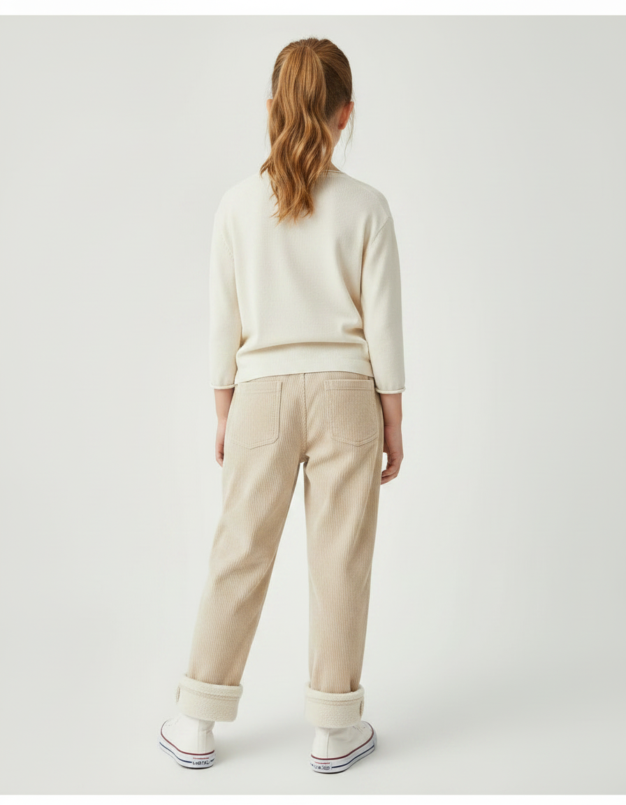 Pantalon Chino Écru Côtelé Doublé Chaud Enfant - Beige Velours - vue 2