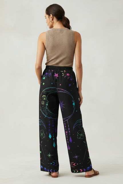 Pantalon Chino Noir Imprimé Lune Étoiles Ample Fluide - Polyester - vue 2
