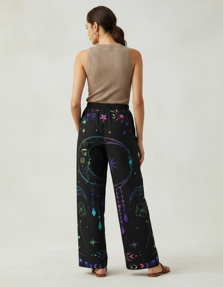 Pantalon Chino Noir Imprimé Lune Étoiles Ample Fluide - Polyester - vue 2