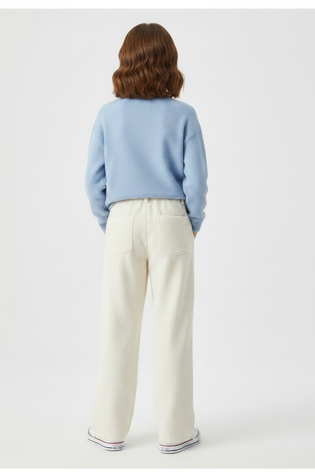Pantalon Chino Crème Côtelé Ample Brodé Cœur Fille - Beige Cordé - vue 2