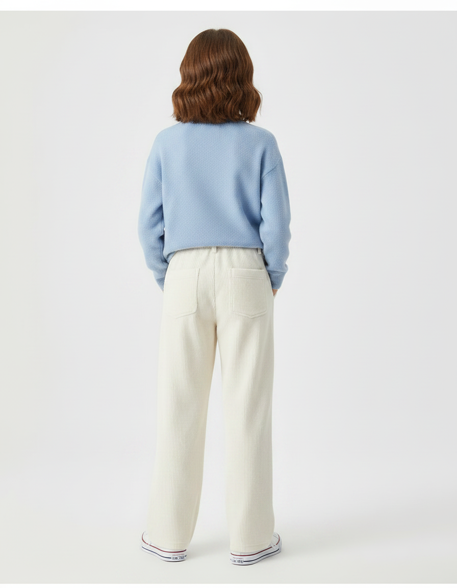 Pantalon Chino Crème Côtelé Ample Brodé Cœur Fille - Beige Cordé - vue 2