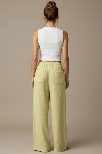 Pantalon Chino Vert Ample Texturé Décontracté Femme - Coton - vue 2