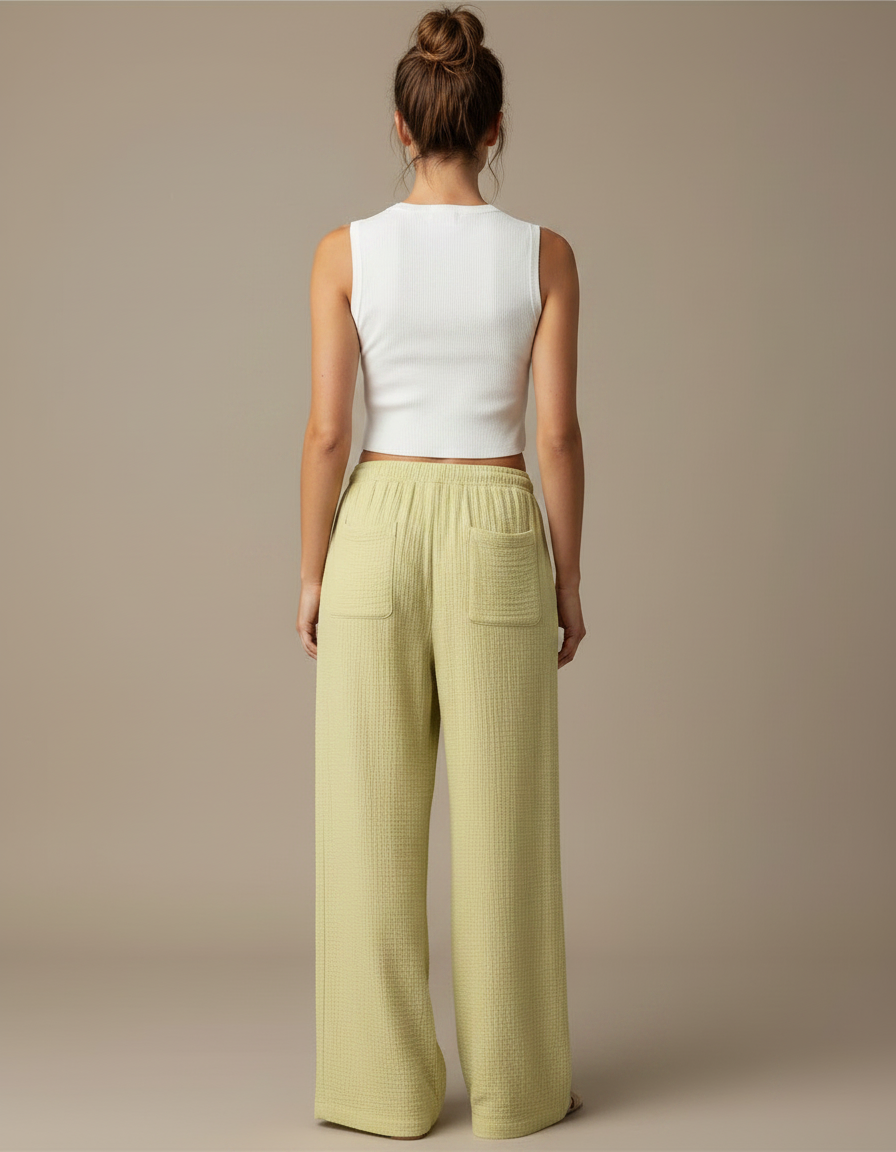 Pantalon Chino Vert Ample Texturé Décontracté Femme - Coton - vue 2