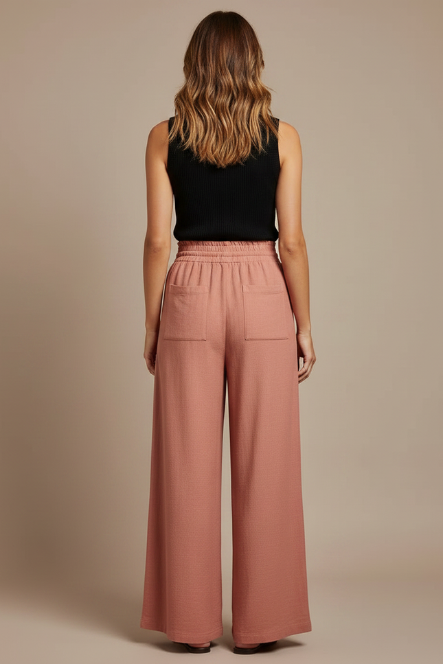 Pantalon Chino Rose Ample Fluide Taille Haute - Lin - vue 2