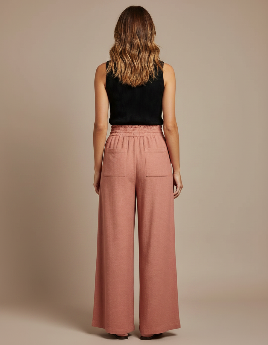 Pantalon Chino Rose Ample Fluide Taille Haute - Lin - vue 2