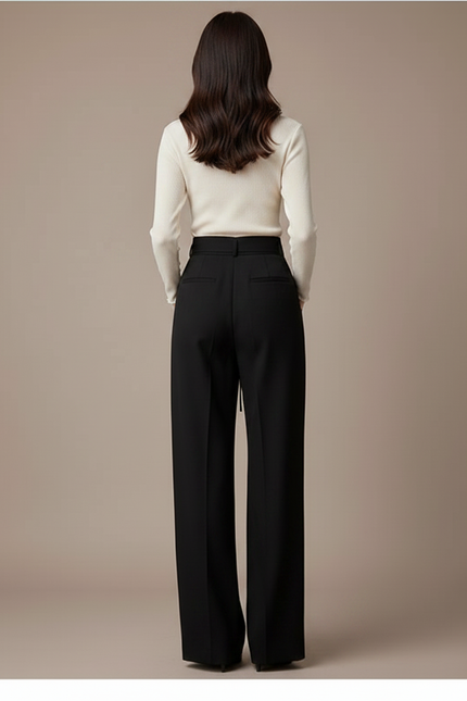 Pantalon Chino Noir Taille Haute Ample Fluide Élégant - Gabardine - vue 2