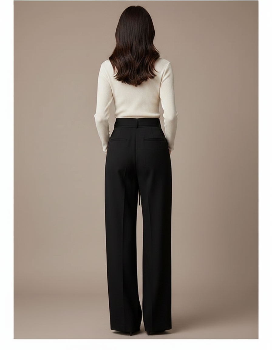 Pantalon Chino Noir Taille Haute Ample Fluide Élégant - Gabardine - vue 2