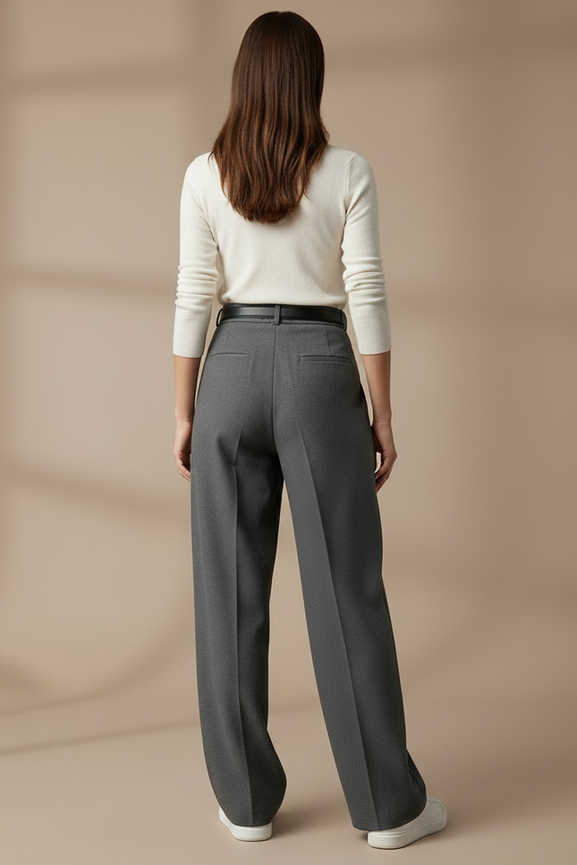 Pantalon Chino Femme Taille Haute Plissé Large Gris Élégant - Gabardine - vue 2